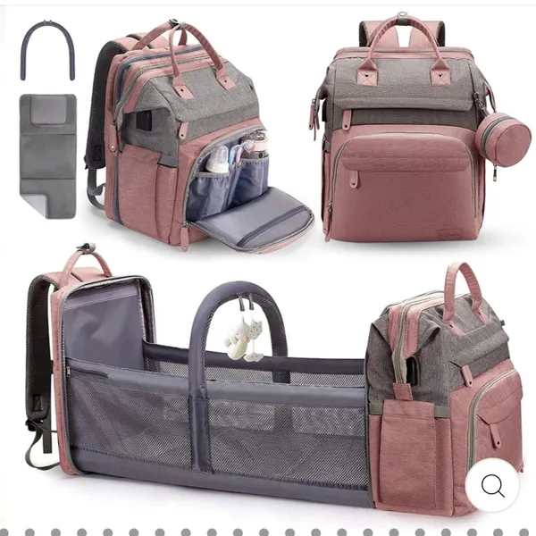 MULTI Compartment diaper bag with changing pad, USB & foldable crib Pink - Image 3