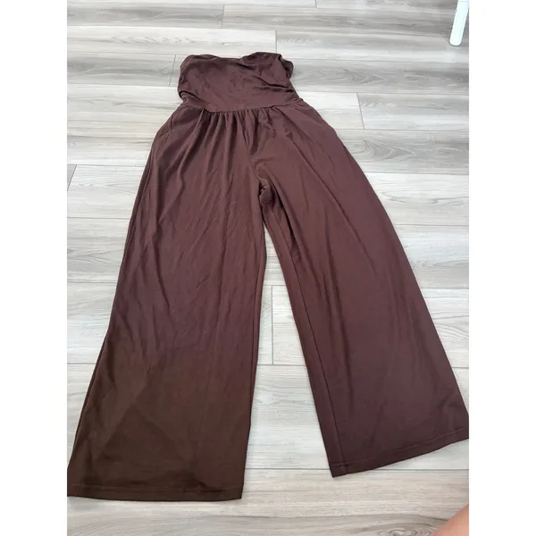 PrettyGarden Brown Strapless Wide Leg Jumpsuit Large Smocked Tube‎ Top Pockets - Image 2