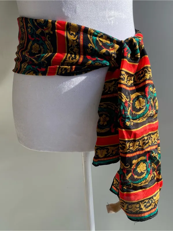 Vintage 80s Elaine Gold Silk neck scarf baroque pattern red gold green print - Image 2