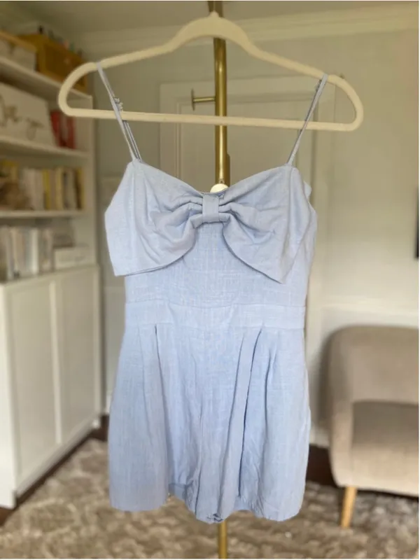 Altar’d State Blue Linen Blend Bow‎ Front Romper Coquette Quiet Luxury Romantic - Image 2