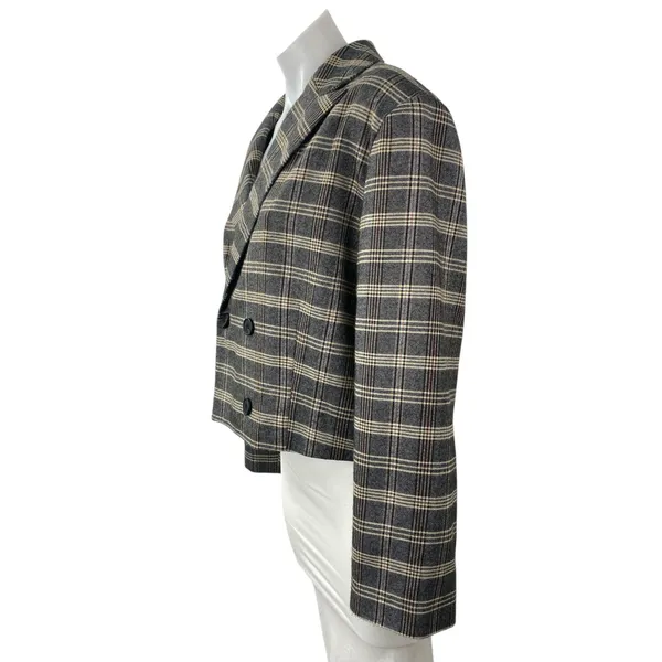 Oak + Fort Gray Plaid Check Notched Collar Long Sleeve Crop Blazer Coat Jacket M - Image 3