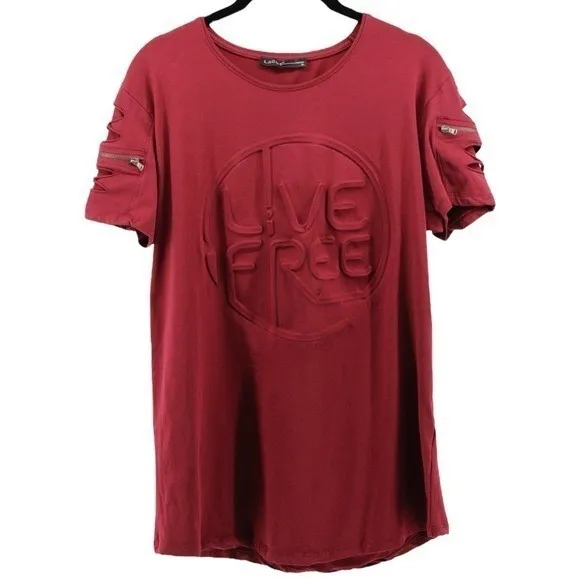 Lagos‎ Wine Red "Live Free" Three Dimensional Tee Artsy Grunge Novelty Rocker XL - Image 2