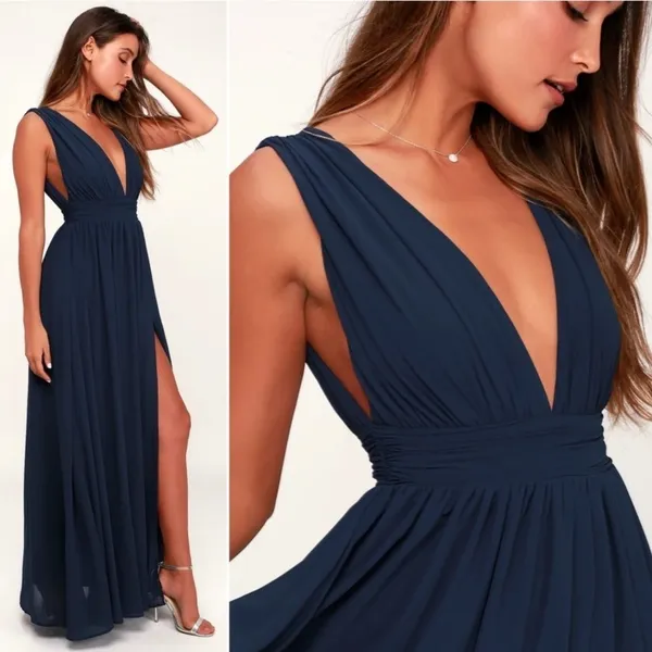 Lulus Heavenly Hues Maxi Dress Gown Small Modest Navy Blue Prom Formal Wedding - Image 5