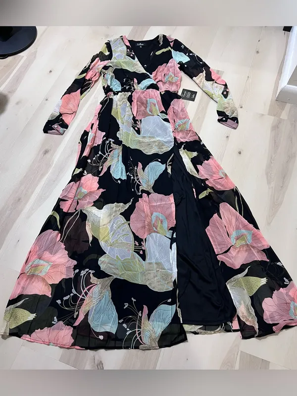 Lulus NWT Women Medium Black Pink Floral Lily Print Maxi Dress Summer Wedding - Image 9