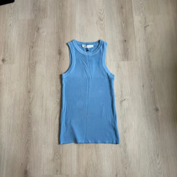 Zara NWT Women's Light Blue Ribbed Knit Tank Top High Neck Size L - Image 6