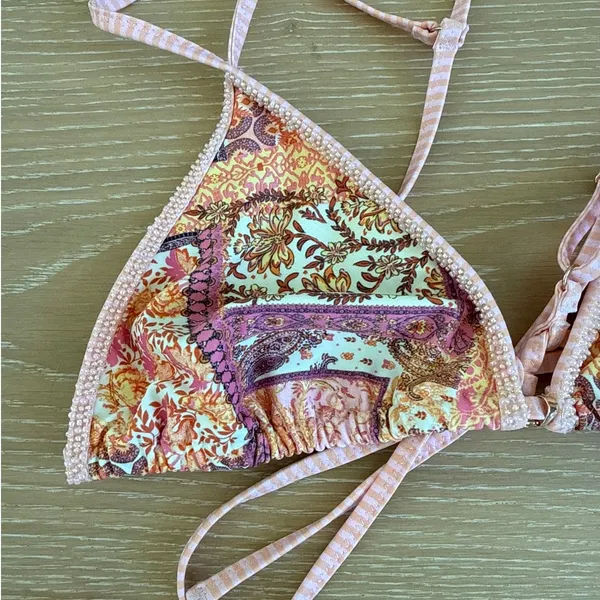 White Fox Bikini Set Viti Beaded Top Mhari Bottoms Size L S in Sunset Belle Pink - Image 2