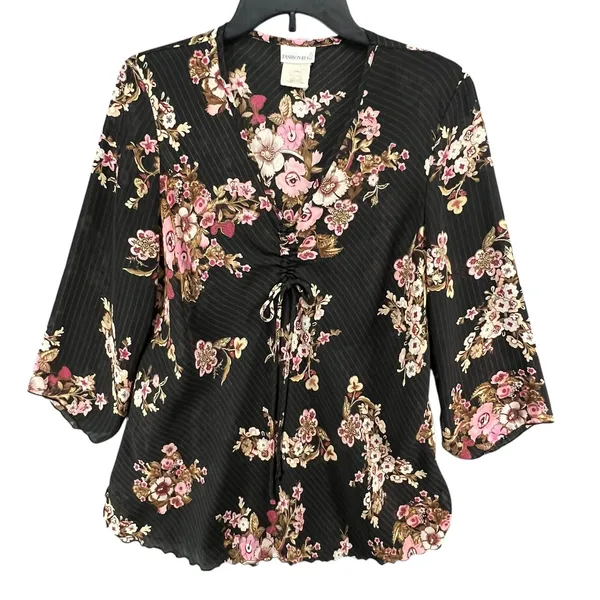 Fashion Bug Vintage 90s Floral Babydoll Top L Cinched Bust Y2K Romantic Fairy Grunge Blouse - Image 2