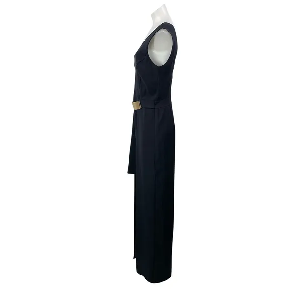 Miss Selfridge Black Gold Belt Sleeveless V Neck Prom High Low Maxi Dress Size 8 - Image 2