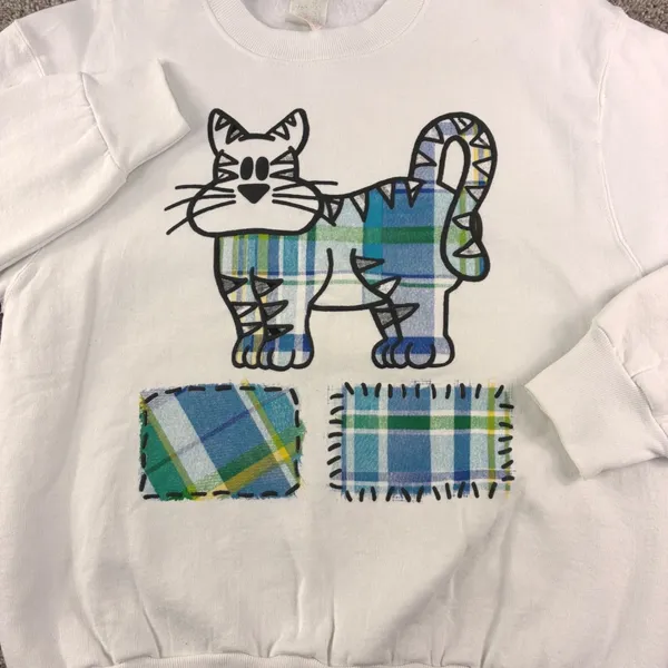 Vintage Fruit of the Loom Plaid Cat Sweatshirt S White Crewneck Applique USA 90s - Image 2