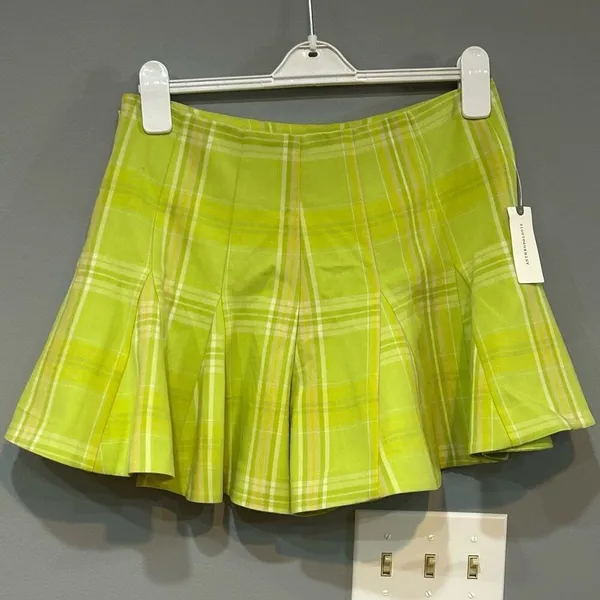Maeve Anthropologie Skirty Godet Skort chartreuse‎ green plaid size 4 NEW - Image 2