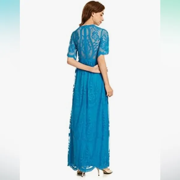 Sodress‎ Lace overlay maxi dress Blue v neck embroidered floral women’s medium - Image 3
