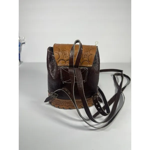 Brown/Tan Floral Tooled Embossed Mini Backpack Drawstring Flap Buckle Silver - Image 4