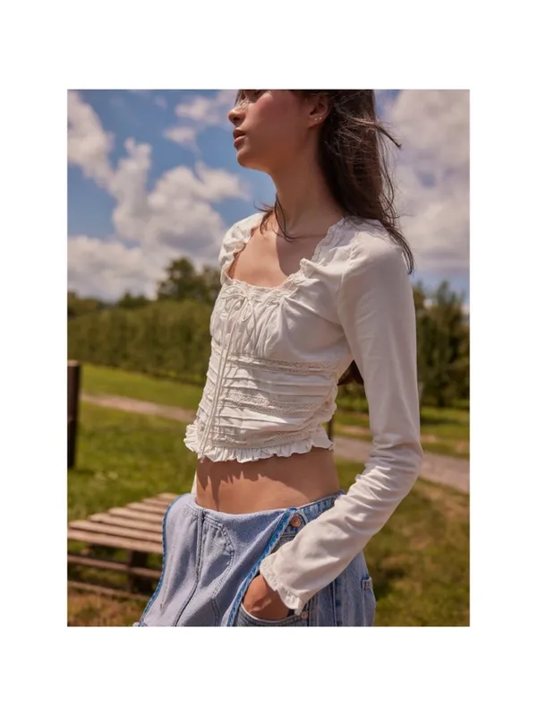 Free People Scarlet Smocked Milk Maid Long Sleeve Lace Trim Blouse Soft Ivory S - Image 2