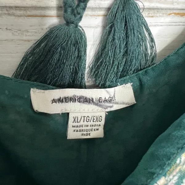 American Eagle Green Floral Babydoll Dress XL Scoop Back Tie Tassels - Image 3