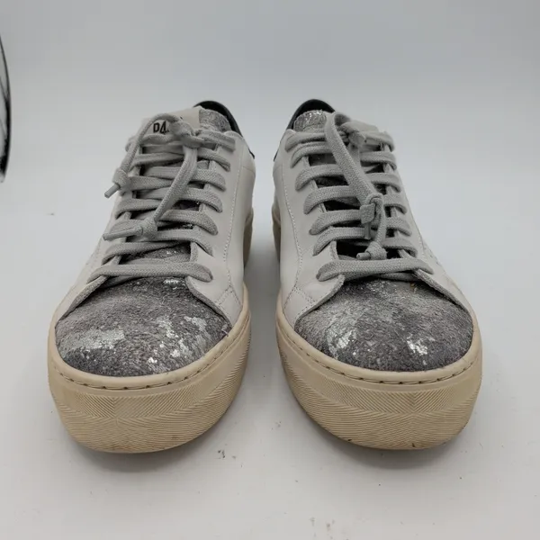 P448 Womens Thea Platform Sneakers White Silver Distressed Leather Italy Size 38 - Image 3