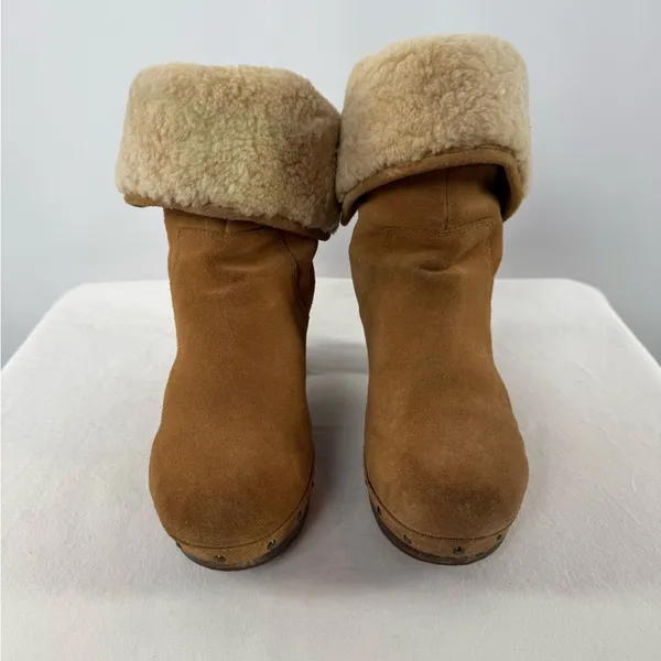 UGG Lynnea Fold Over Suede Shearling Clog Boot‎ in Brown Size 7 - Image 3