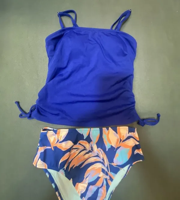 Cupshe Size S Blue Ribbed Tankini Top and Floral High-Waisted Bikini Bottom Set - Image 4