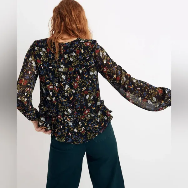 Madewell Sheer-Sleeve Ruffle Peplum Top Blouse in Black Finch Floral‎ Size Large - Image 5