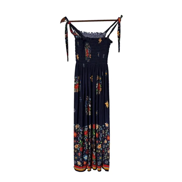 Lildy Women Small/Medium Blue Floral Smock Tie Shoulder Boho Festival Maxi Dress - Image 3