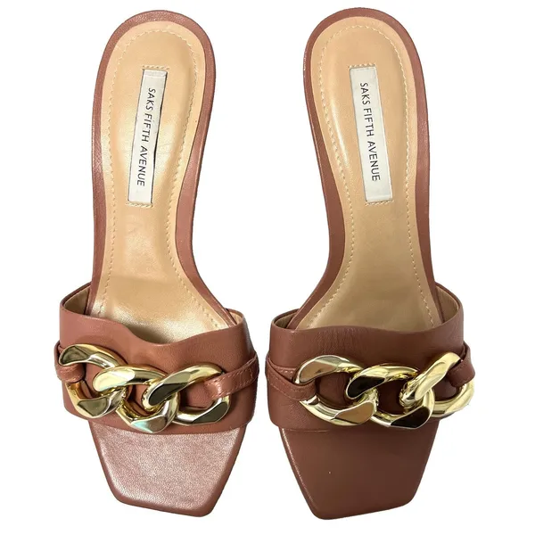 Saks Fifth Avenue Leather Kitten Heel Sandals Mule Square Toe Brown Women’s 5.5 - Image 2