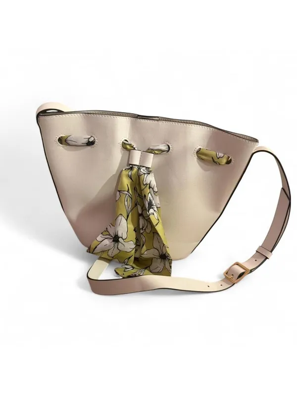 Minimal white bucket bag with removable floral scarf detail - Image 3
