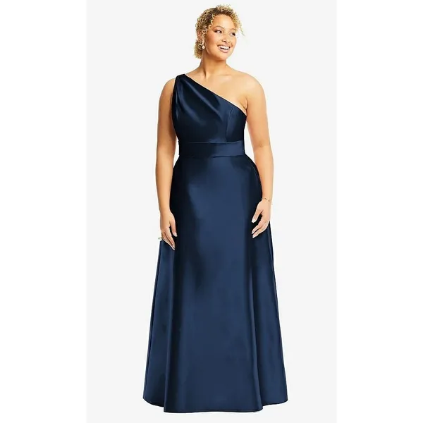 Alfred Sung Style D815 Draped‎ One-Shoulder Satin Maxi Dress Size 14 - Image 3