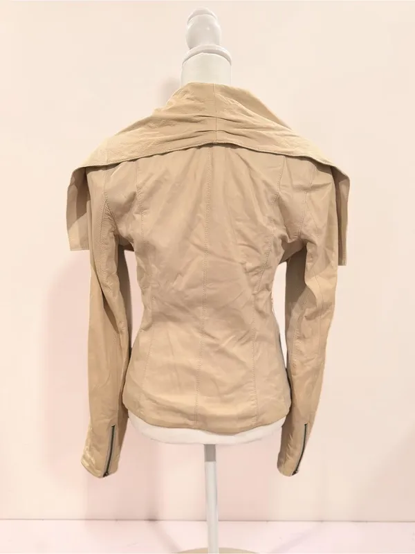 Vince Beige Leather Draped Moto Jacket Size Small - Image 2