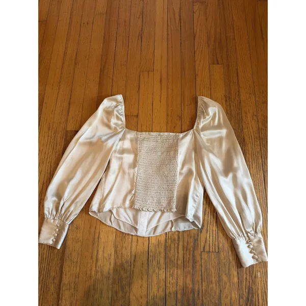 Reformation Womens Blouse sz 12 Beige Silk Puff Sleeve - Image 7