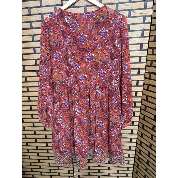 Time And Tru Orange‎ Embroidered Boho Tie Neck Shift Dress Size Medium - Image 2
