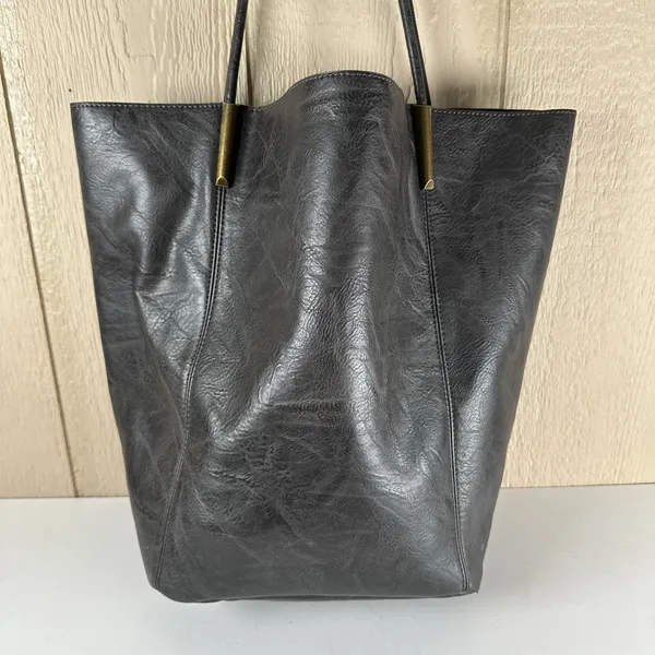 Anthropologie Leather Akimbo Shoulder Tote Bag w/ Pouch Black Charcoal Brass - Image 4