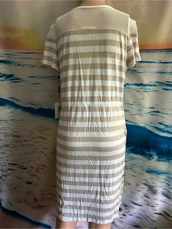 Calvin Klein Beige & White Striped Knit Dress with Mesh Yoke SZ 8 NWT - Image 2