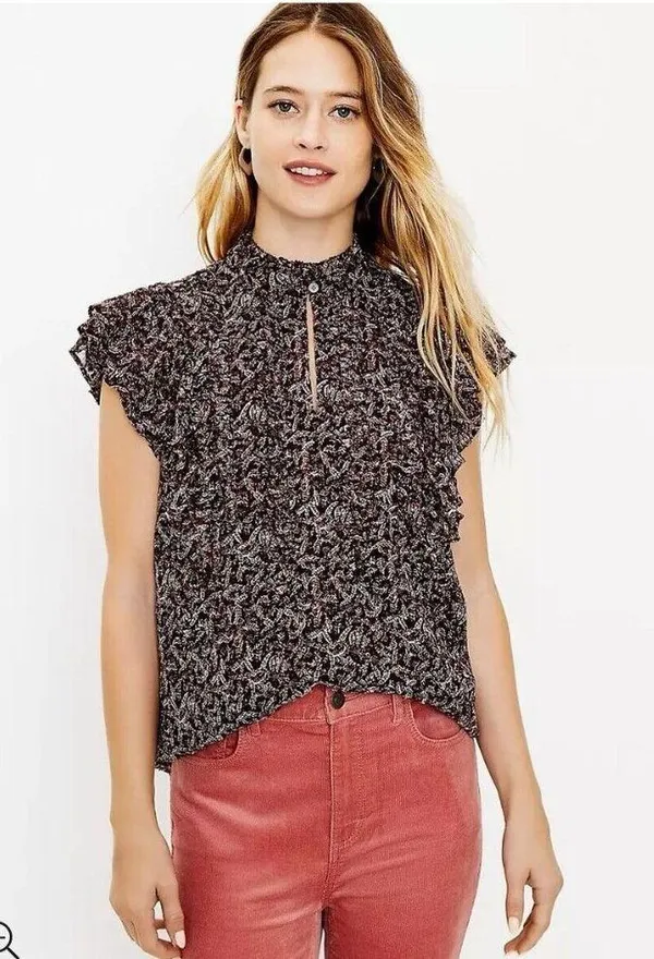 Loft Blouse Women Small Burgundy Floral Ruffle Peasant Cottagecore Prairie Ditsy - Image 2