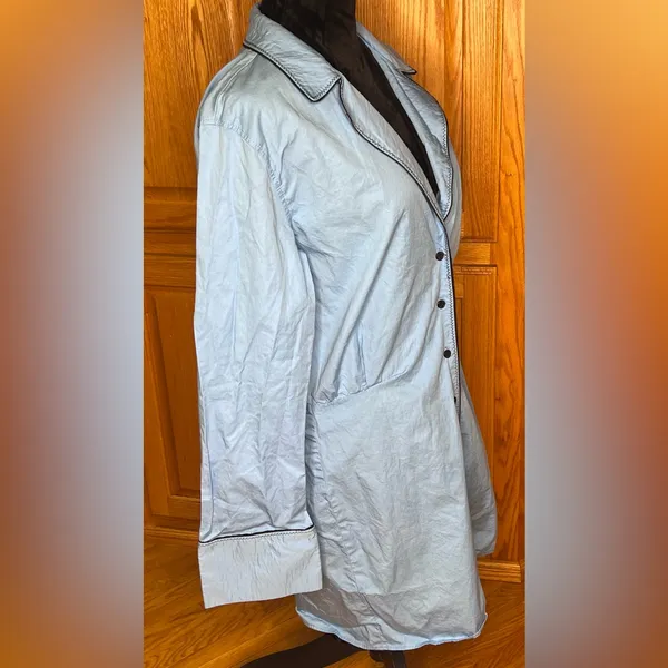 ZARA Short Trench Coat Deep V-Neck Cotton Button-Up Shirt Dress‎ Blue Size Large - Image 11