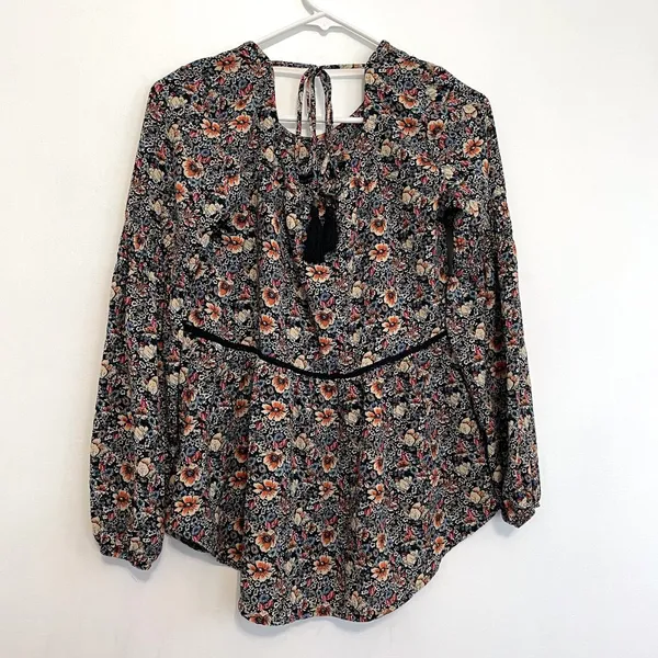 KNOX ROSE Smocked Floral Tie Back Top Black Etc Boho Long Sleeve Peasant Blouse - Image 13