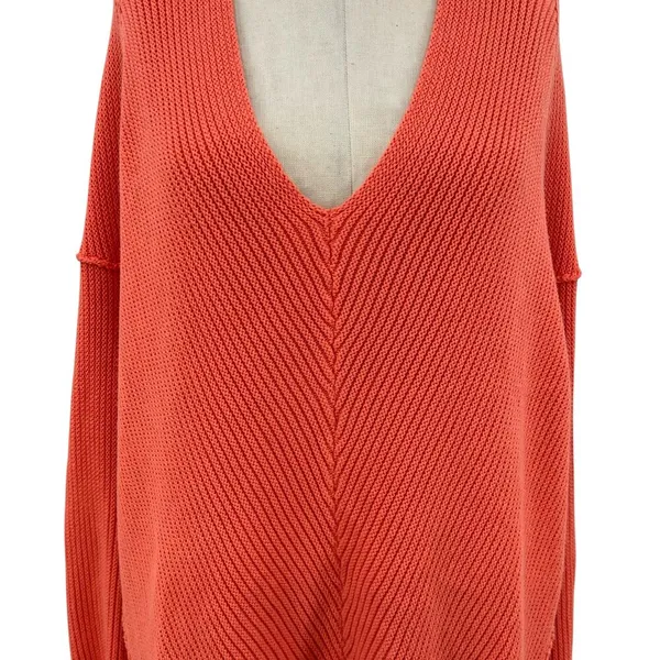 Free People La Brea Sweater V-Neck Ribbed Cuffed‎ Sleeve Coral Orange Size Large - Image 5