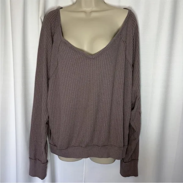 We The Free People Santa Clara V-neck Thermal Top S Oversized Gray Lavender Boho - Image 4