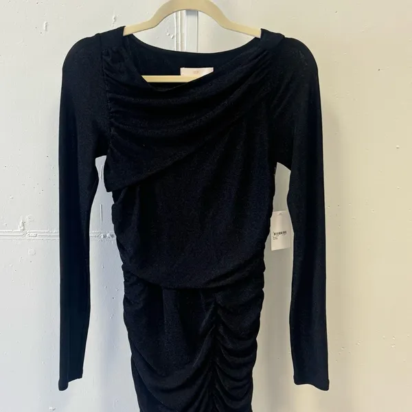 Rachel Parcell‎ Metallic Bodycon Ruched Midi Long Sleeve Dress Stretch Black Sm - Image 5