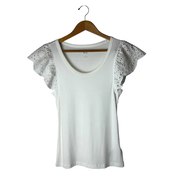 Gap Ribbed Baby Tee Women Small White NWT Eyelet Flutter Sleeve Boho Preppy - Image 2