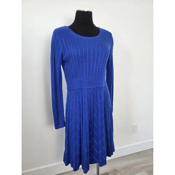 Eliza J Cobalt Blue Cable Knit Midi Dress Chevron Long Sleeve Modest Teacher M - Image 2