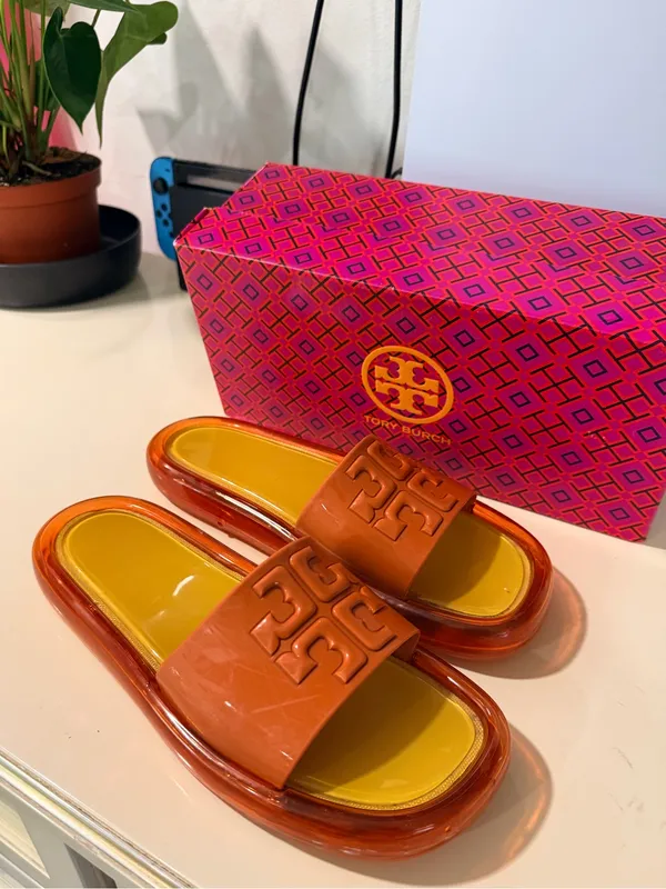 Orange Logo Slide Sandals with Yellow Footbed - Image 5
