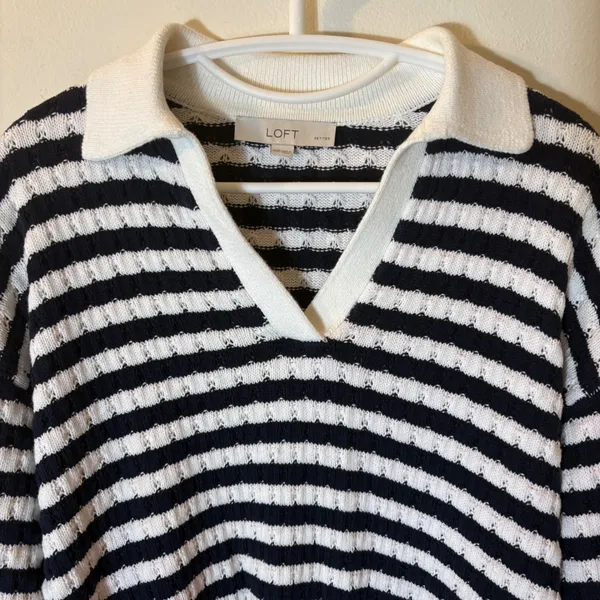 LOFT Striped‎ Polo Sweater Size XSP Navy White - Image 2