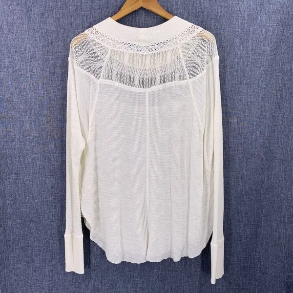 Free People Spring Valley Ivory Waffle Knit Lace Neck Long Sleeve Top Size Small - Image 6