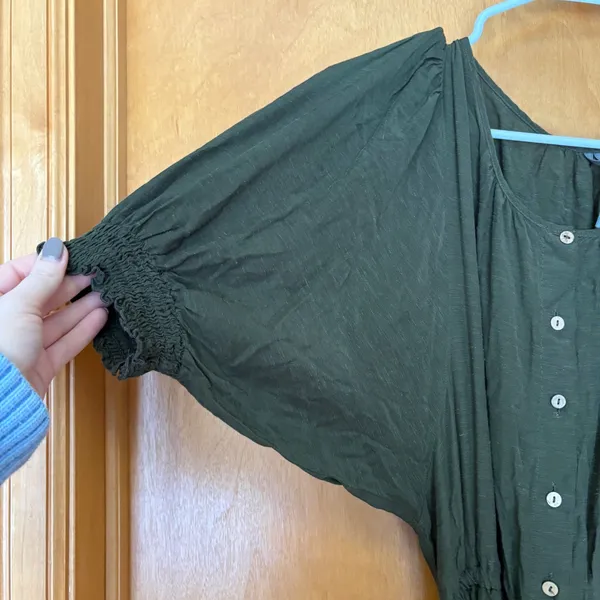 Anthropologie Mini Dress Women Size M Green Linen Blend Puff Sleeve Button Front - Image 3