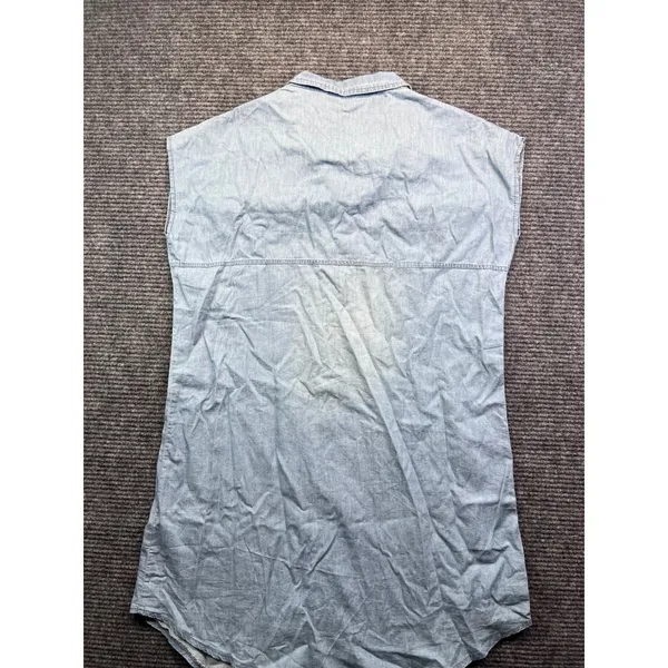 Sleeveless Light Wash Chambray‎ Denim Shirt Dress Snap Front Collared Blue Large - Image 8