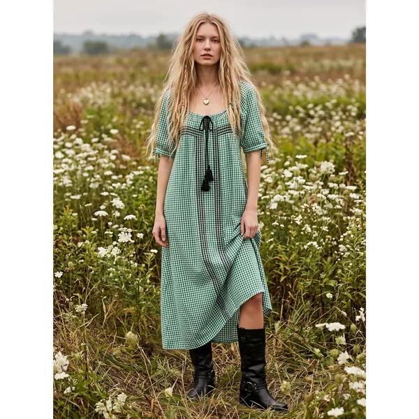 Free People Bohemian Embroidered Gingham Seersucker Cass Maxi Dress Green Small - Image 15