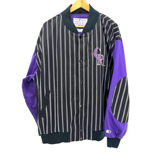 Vintage Colorado Rockies Starter Jacket XL Black Purple Pinstripe‎ MLB Basebal - Image 5