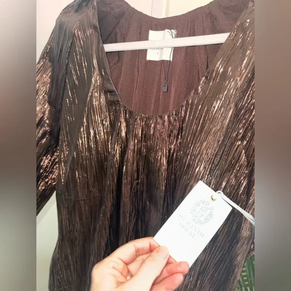 Tuckernuck Hyacinth‎ House Brown Metallic Pleated Dress Small NWT - Image 4
