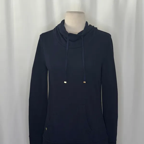 LILLY PULITZER Hillary Pullover True Navy Cowl Neck Sweatshirt Pocket Small - Image 3