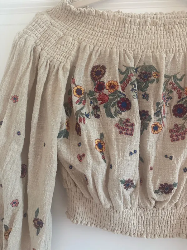 Embroidered off the shoulder top Tan - Image 2