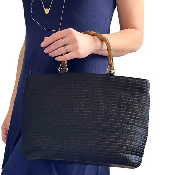 Gucci Vintage Bamboo Top-Handle Black Tiered Nylon Leather Trim Shopper Tote Bag - Image 10